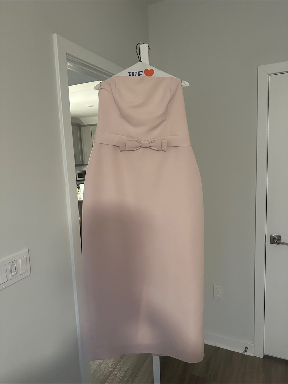 Amsale Strapless Blush Pink Midi Dress with Waist Bow Sash